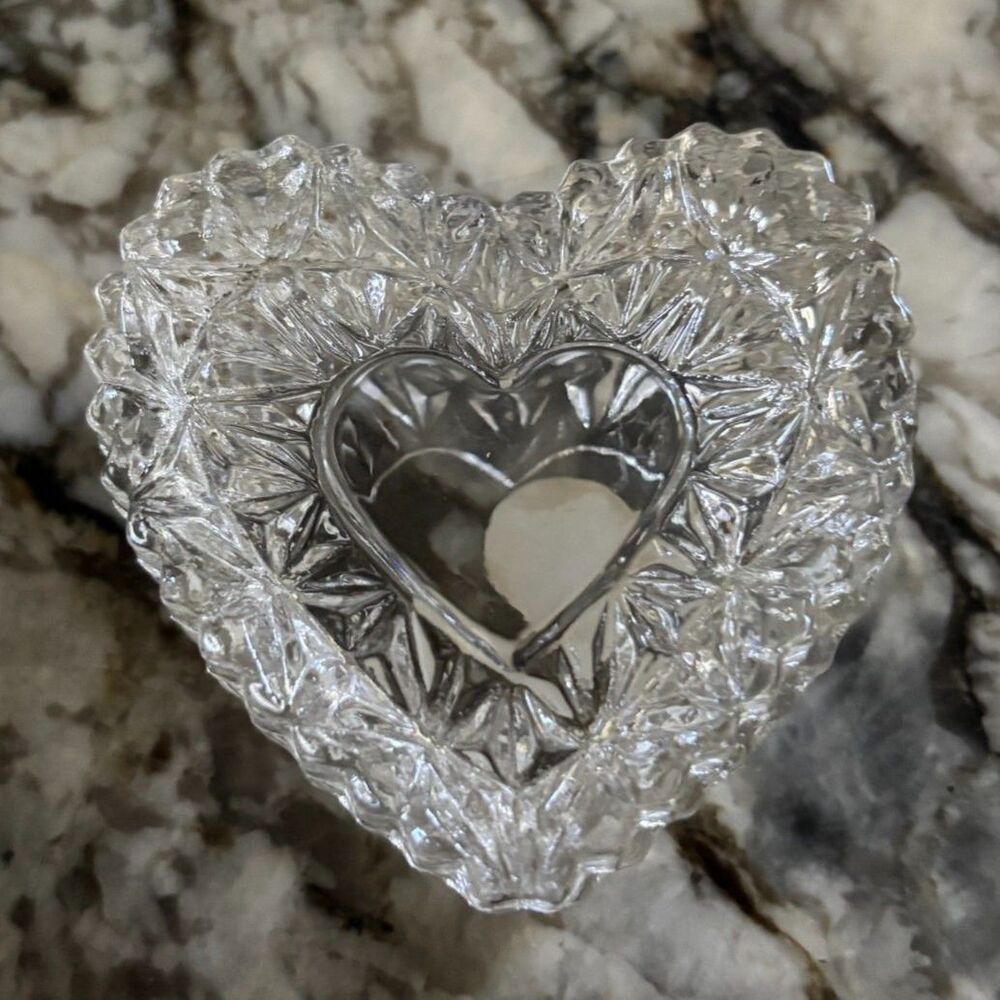 Lead Crystal Heart Shaped Trinket Box 2.5" x 2.5" Covered Jewelry Ring Box